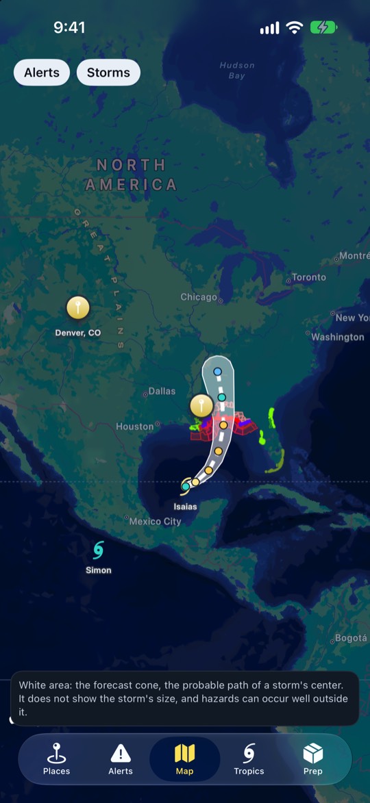 The map: alert areas in NWS hazard colors and the storm tracks