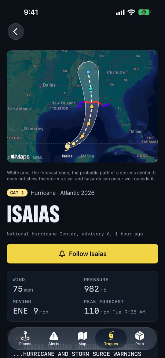 Hurricane Isaias: the forecast cone, wind, pressure and movement from the National Hurricane Center, and Follow